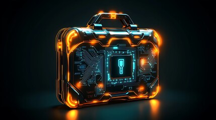 A stylized briefcase icon, with digital elements like circuit lines and glowing edges, isolated against a dark background, illuminated by sharp contrast lighting, professional and cutting-edge feel