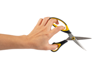 Office stationery scissors cutting in hand on transparent background