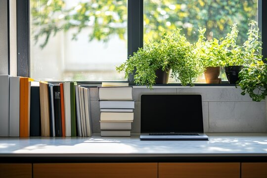 Kitchen counter transformed into a cozy study area with plants and books. Generative AI