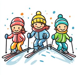 Fototapeta premium Illustration of three skiers gliding down a colorful snowy mountain backdrop