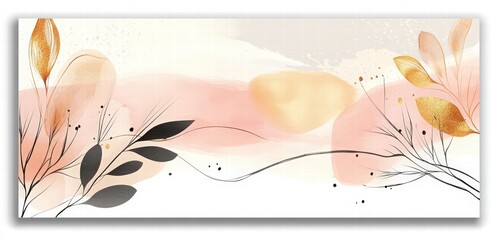 Abstract art background, watercolor pink and gold leaves on a beige background, golden line drawing and pink leaves, watercolor splash