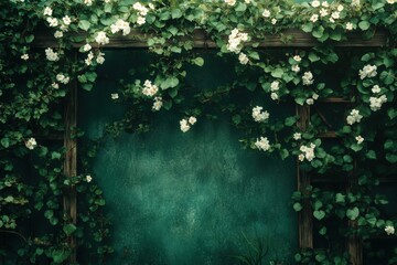 Lush green garden with blooming flowers surrounding wooden trellis. Generative AI
