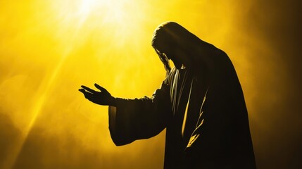 Silhouette of Jesus reaching out hand, isolated on bright background