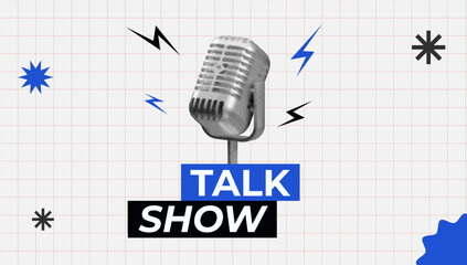 halftone collage, talk show podcast, modern graphic with a vintage mic, dynamic design, and vibrant energy. Talk Show, Live Show
