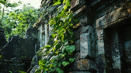 Naklejka premium Ancient ruins overgrown with dense jungle vegetation stand as a reminder of a lost civilization. The crumbling stone structures are enveloped by towering tropical plants. Generative AI