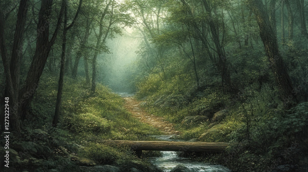 Poster Serene woodland path with small bridge over running stream