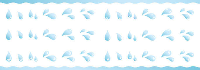 透明感のある水滴と汗マークのイラストセット