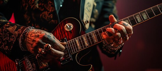 Obraz premium Close-up of tattooed hands playing electric guitar. (1)