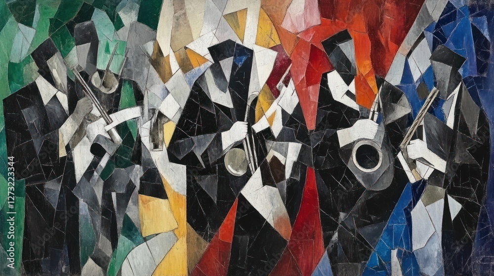 Poster cubist depiction of a jazz band performing with instruments