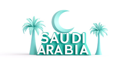 Obraz premium Blue Saudi Arabia text with palm trees and crescent moon on white background, exuding luxury and cultural richness. Concept of heritage, travel, tourism and iconic Middle Eastern identity