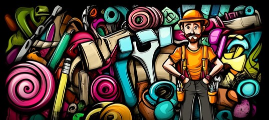 Colorful illustration of a construction worker surrounded by tools and supplies. (1)