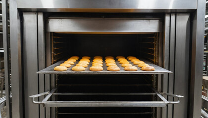Baking Cookies in Industrial Oven Freshly Baked Batch Ready to Eat