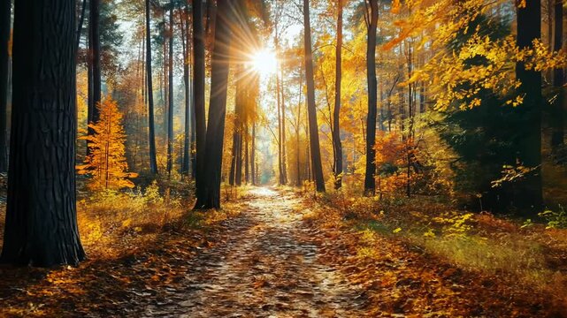 Sunlit autumn path through a forest with golden leaves.