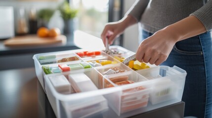 A close-up of a person organizing glucose testing supplies. Featuring neatness and care