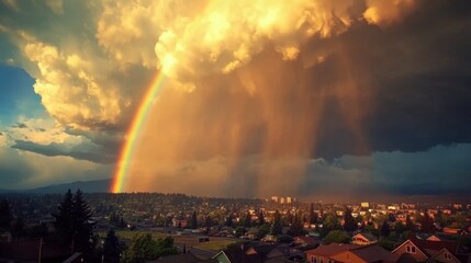 A vivid rainbow forms over a quiet cityscape, with dramatic storm clouds parting to reveal radiant sunlight