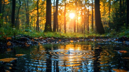 Obraz premium Autumn Forest Puddle Splashing Sunset
