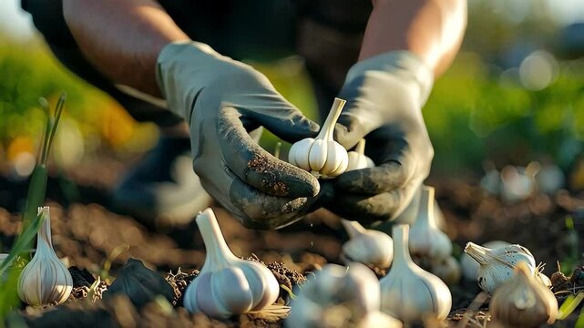 farmer harvests garlic close-up