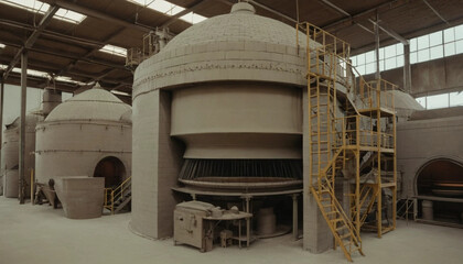Obraz premium Industrial Manufacturing Plant with Large Kilns and Yellow Metal Staircase