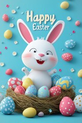 Obraz premium Cheerful Easter bunny with colorful eggs in a joyful holiday setting