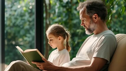 A man and a little girl are sitting on a couch reading a book together