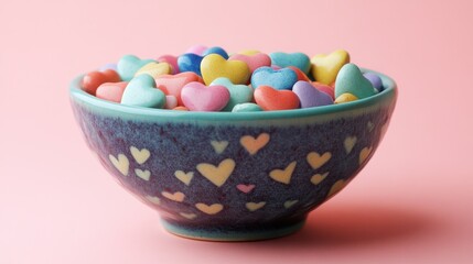 A whimsical ceramic bowl brimming with colorful hearts symbolizing love, friendship, and joy, resting on a soft pastel background.