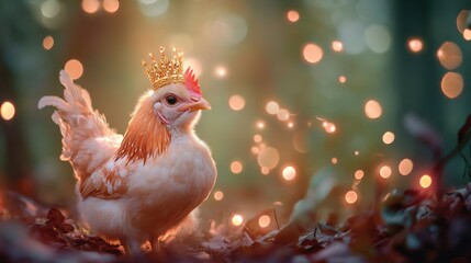 A whimsical chicken wearing a golden crown, standing in a dreamy forest with soft, pastel colors and glowing fairy lights