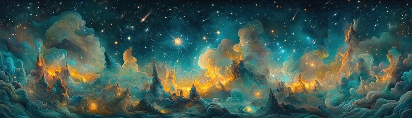 A vibrant celestial landscape featuring clouds stars and shooting stars