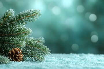 Winter Holiday Theme with Frosted Pine Branches and Pinecone on Sparkling Bokeh Background