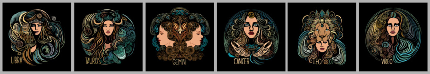 Zodiac signs set. Astrology horoscope symbols of Taurus, Gemini, Cancer, Leo, Virgo, Libra. Abstract mystical drawing of beautiful girl faces. Modern vector illustrations isolated on black background.