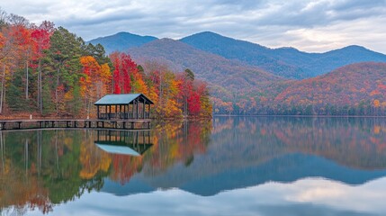 Fototapeta premium Autumn leaves reflect on a calm lake with mountains
