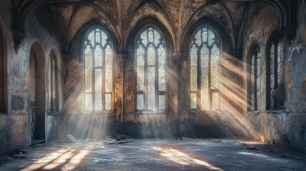 An abandoned building with dramatic light streaming through broken windows, creating a somber yet captivating atmosphere.