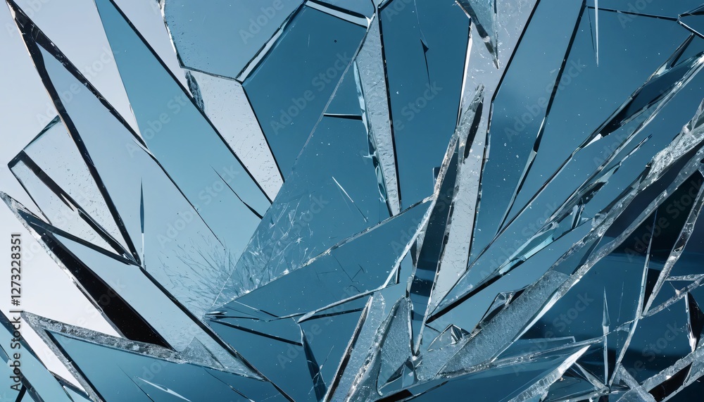 Poster shattered glass beauty. intricate fragments reflecting light. sharp edges and cool tones. abstract t