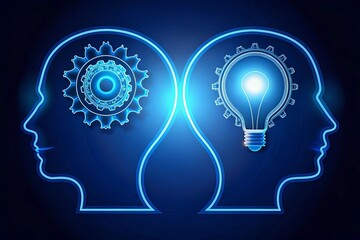 Vector of two human heads made of gears with light bulb shape inside