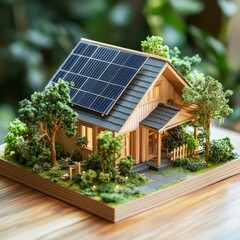 Fototapeta premium Miniature Model House with Solar Panels and Lush Greenery