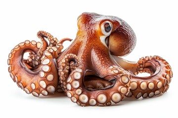 Close-up of a live octopus on a white background, showcasing its detailed texture and suckers.