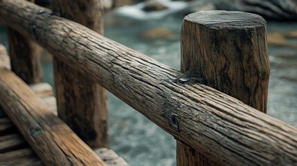 Obraz premium Close-up of rustic wooden bridge railing over flowing water.