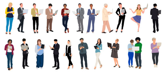 Obraz premium Business people with laptop, digital tablet. Different men, women in smart casual, formal office outfits working at computer. Vector realistic illustration isolated