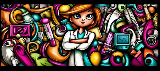 Cartoon illustration of a female doctor surrounded by medical equipment and tools.