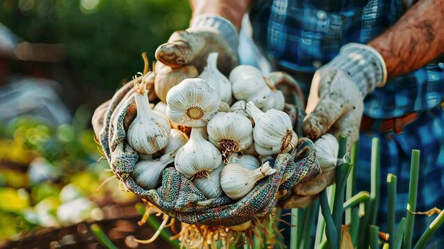 farmer harvests garlic close-up