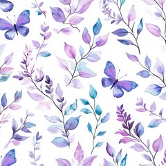 Fototapeta premium Watercolor floral pattern, pastel colors, lavender and teal leaves, butterflies, on a white background. tulips, lavender purple flowers, green leaves