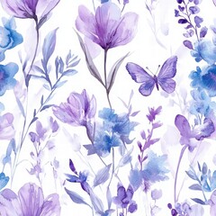 Watercolor floral pattern, pastel colors, lavender and teal leaves, butterflies, on a white background. tulips, lavender purple flowers, green leaves
