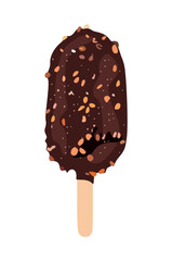 Ice cream Chocolate popsicle. Colorful icecream bar with dark chocolate glaze and nuts. Vector realistic illustration isolated