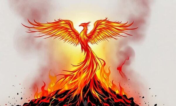 Fiery phoenix rising from ashes; rebirth, hope