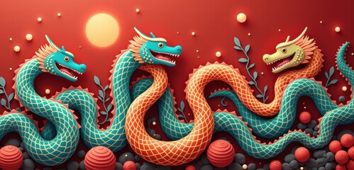 Fototapeta premium A vibrant 3D illustration of colorful dragons intertwined against a bold red background. Ideal for fantasy, gaming, or cultural-themed projects.