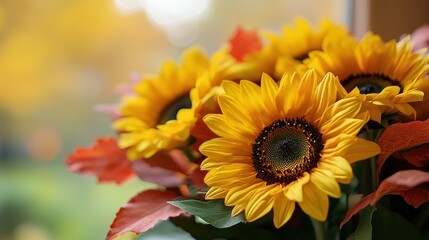 Obraz premium Autumn sunflowers by window, blurred background