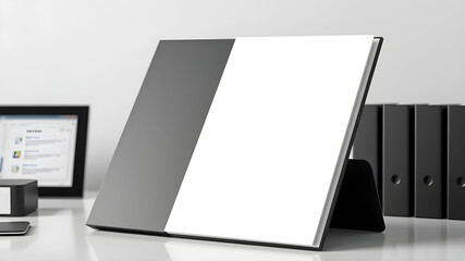 A professional business folder mockup placed on a desk with a blank cover, ideal for branding, corporate identity, or custom graphics.
