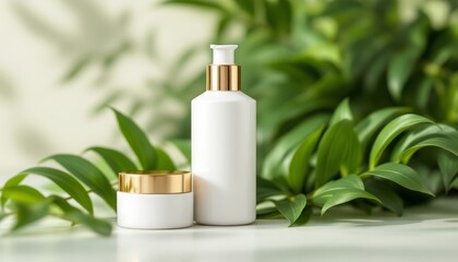 White cosmetic bottles with gold accents surrounded by green leaves