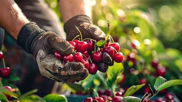 female farmer harvests cherries close-up