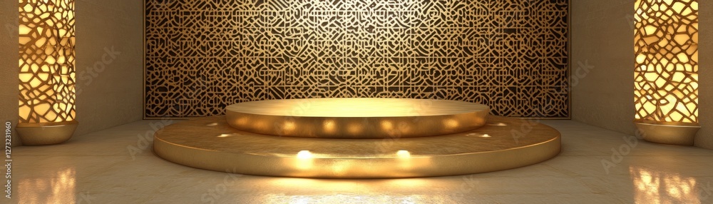 Aufkleber golden circular stage with intricate backdrop and decorative lanterns