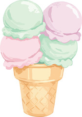 Watercolor ice cream cone, cartoon illustration